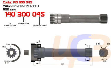 140-300-045 Вал отбора мощности L-300 mm VOLVO R