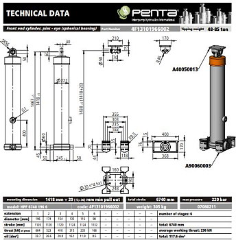 Гидроцилиндр подъема кузова HPF 6740 196 6 (L=1438) IPH PENTA